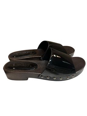 NWOT Black Patent Faux Leather Slide Sandals w/ Metal Studs - Size 8